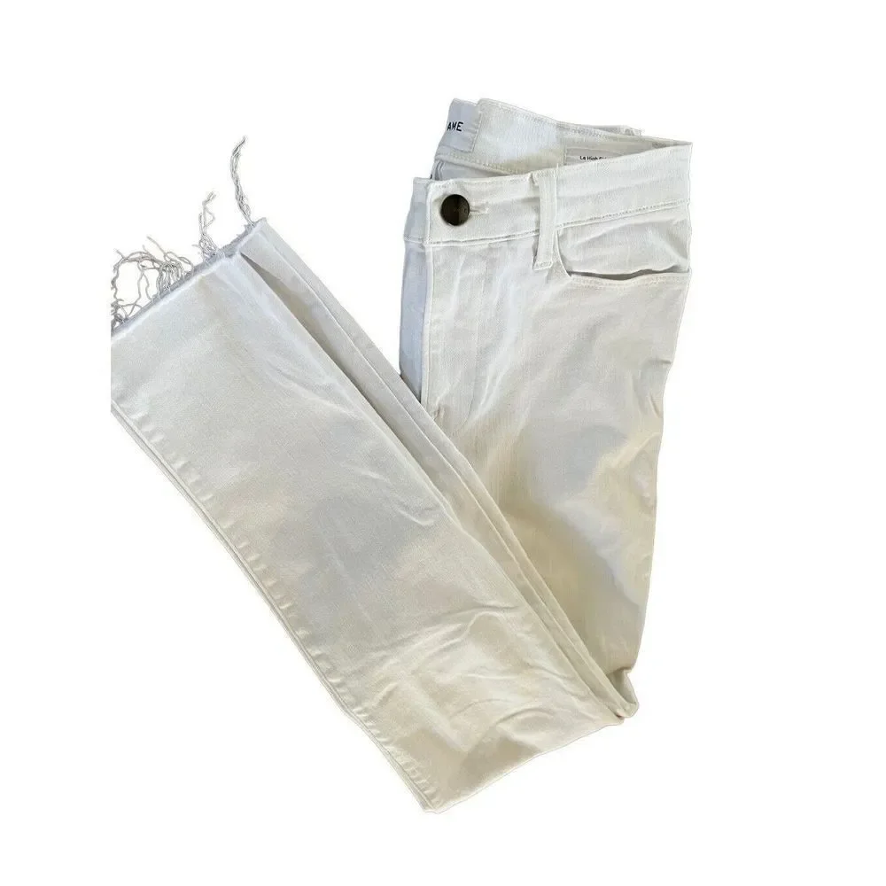 FRAME Le High Skinny White Denim Jeans Ankle W/ Raw Hem Women’s 28 X 28